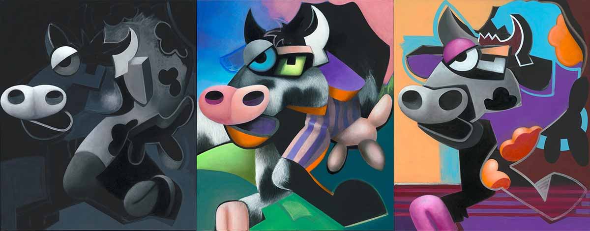 Die Drei Eiligen Kühe (The Three Rushing Cows) Acrylic on cotton Triptych 60x70cm each ditArdo